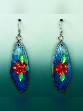 Shimmering Blue Gradient Resin Butterfly Wing & Gem Flower Drop Earrings